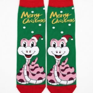 Merry Christmas Cartoon Snake Socks – Festive Green & Red