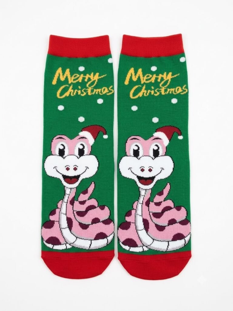 Merry Christmas Cartoon Snake Socks – Festive Green & Red